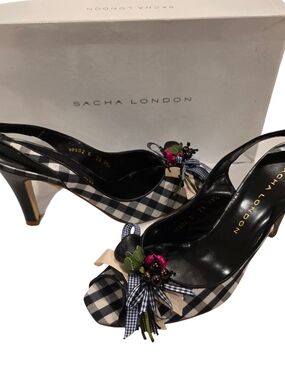 Sacha London Black & White Gingham Slingback Heels with Floral Bow Accent 9